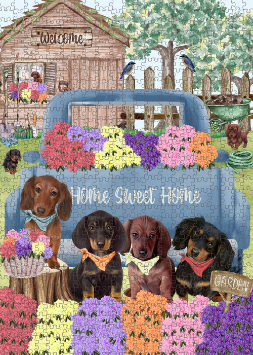 Rhododendron Home Sweet Home Garden Blue Truck Dachshund Dog Puzzle with Photo Tin