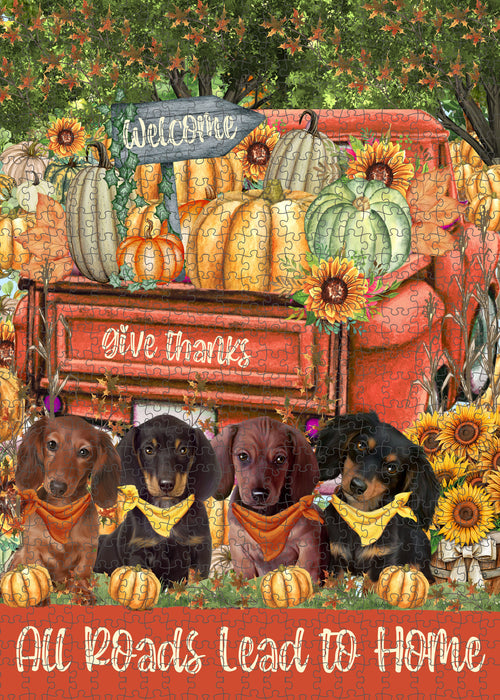 All Roads Lead to Home Orange Truck Harvest Fall Pumpkin Dachshund Dog Puzzle with Photo Tin
