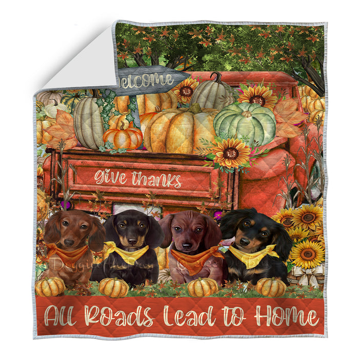 All Roads Lead to Home Orange Truck Harvest Fall Pumpkin Dachshund Dogs Quilt Bed Coverlet Bedspread Comforter One-side Animal Printing - Soft Lightweight Washable Polyester Quilt