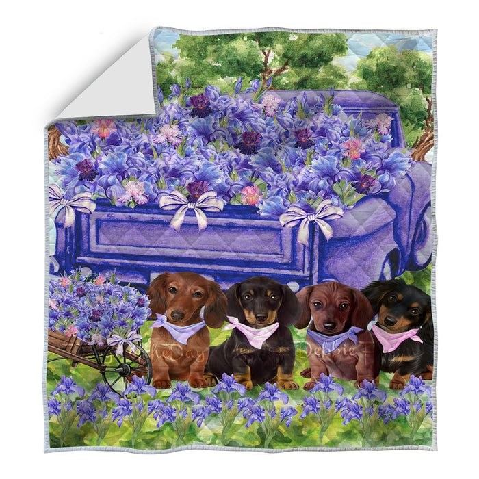 Iris Purple Truck Dachshund Dogs Quilt Bed Coverlet Bedspread - Pets Comforter Unique One-side Animal Printing - Soft Lightweight Durable Washable Polyester Quilt