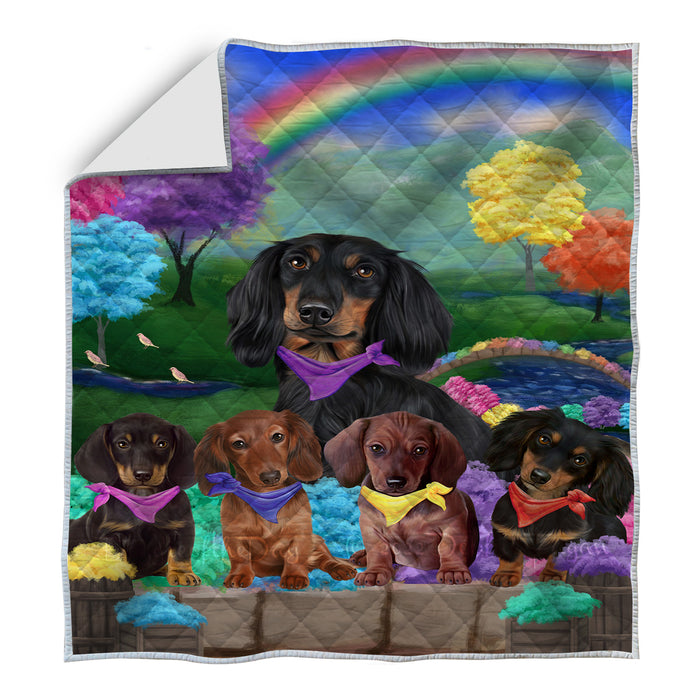 Spring Floral Rainbow Dachshund Dogs Quilt Bed Coverlet Bedspread - Pets Comforter Unique One-side Animal Printing - Soft Lightweight Durable Washable Polyester Quilt