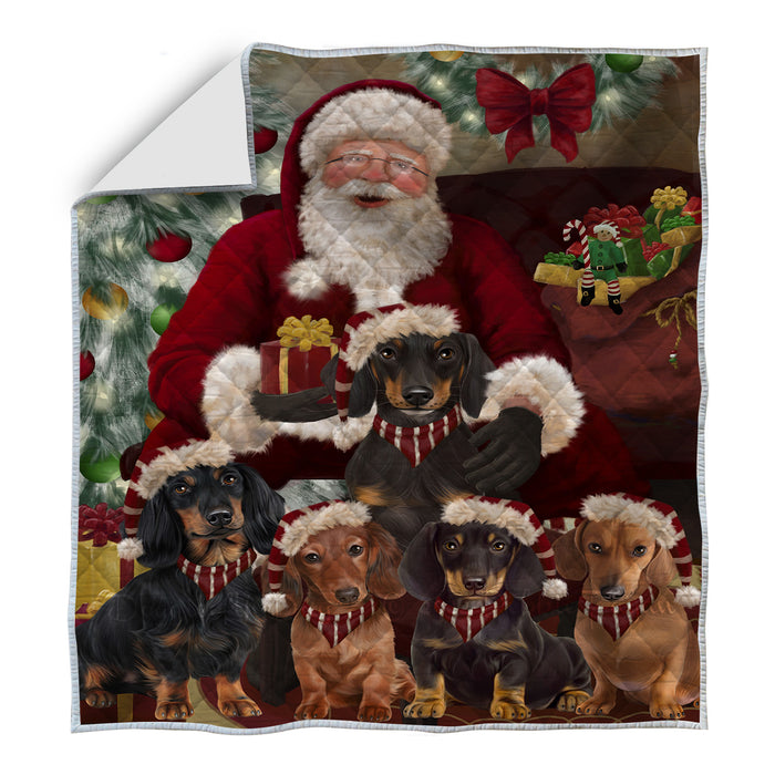 Christmas Surprise Santa Dachshund Dogs Quilt Bed Coverlet Bedspread - Pets Comforter Unique One-side Animal Printing - Soft Lightweight Durable Washable Polyester Quilt
