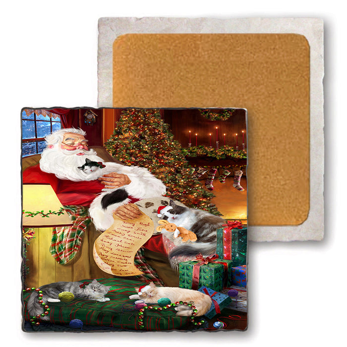 Ragamuffin Cats and Kittens Sleeping with Santa  Set of 4 Natural Stone Marble Tile Coasters MCST49389