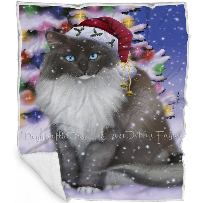 Winterland Wonderland Ragdoll Cat In Christmas Holiday Scenic Background Blanket BLNKT120855