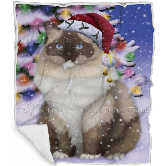 Winterland Wonderland Ragdoll Cat In Christmas Holiday Scenic Background Blanket BLNKT120864