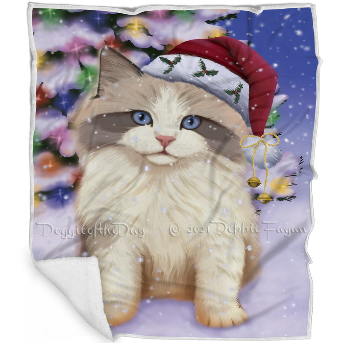 Winterland Wonderland Ragdoll Cat In Christmas Holiday Scenic Background Blanket BLNKT120873