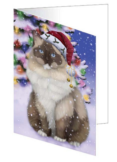 Winterland Wonderland Ragdoll Cat In Christmas Holiday Scenic Background Handmade Artwork Assorted Pets Greeting Cards and Note Cards with Envelopes for All Occasions and Holiday Seasons GCD71660