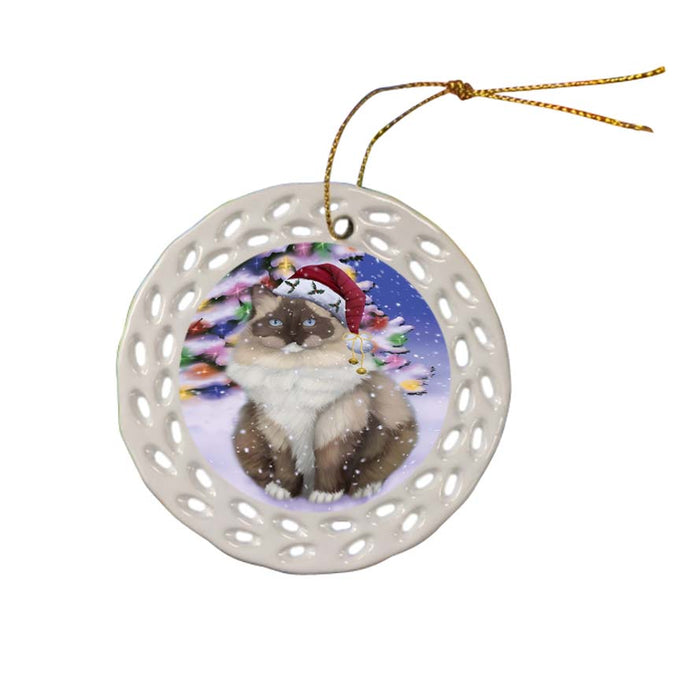 Winterland Wonderland Ragdoll Cat In Christmas Holiday Scenic Background Ceramic Doily Ornament DPOR56071