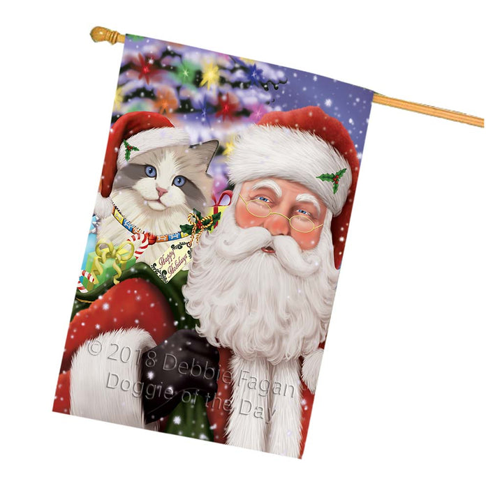 Santa Carrying Ragdoll Cat and Christmas Presents House Flag FLG55947