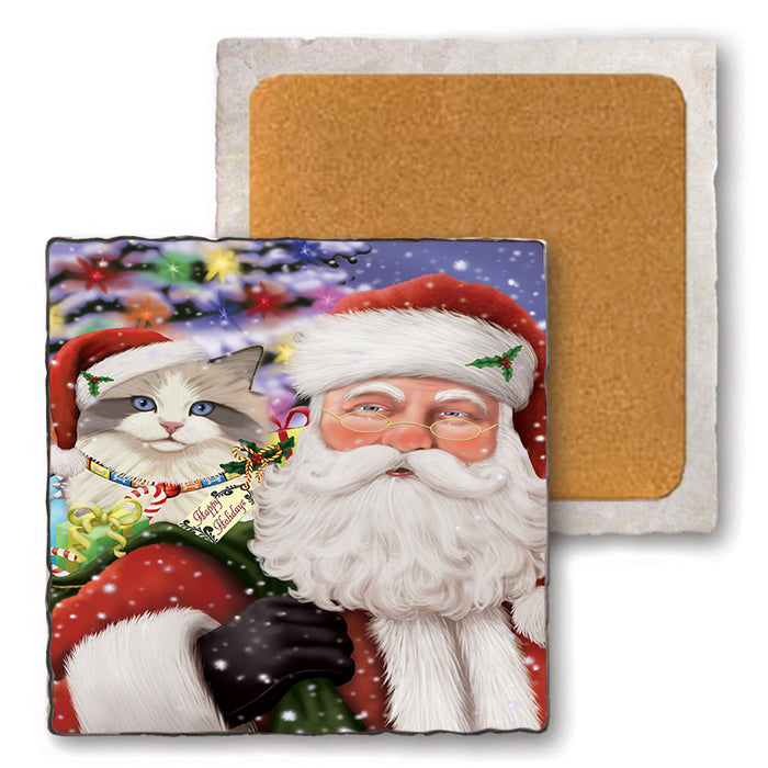 Santa Carrying Ragdoll Cat and Christmas Presents Set of 4 Natural Stone Marble Tile Coasters MCST50518