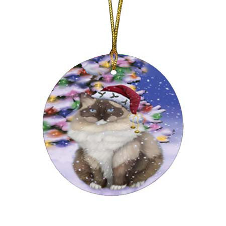 Winterland Wonderland Ragdoll Cat In Christmas Holiday Scenic Background Round Flat Christmas Ornament RFPOR56071