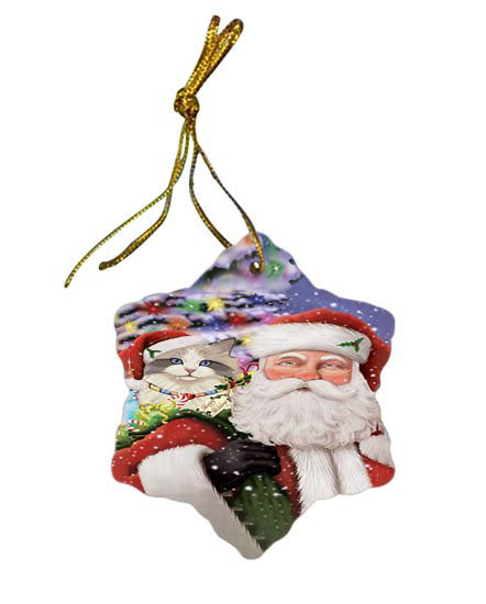 Santa Carrying Ragdoll Cat and Christmas Presents Star Porcelain Ornament SPOR55874