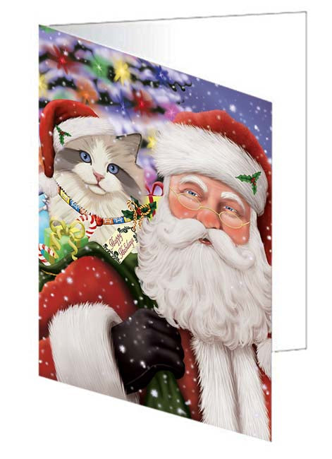Santa Carrying Ragdoll Cat and Christmas Presents Handmade Artwork Assorted Pets Greeting Cards and Note Cards with Envelopes for All Occasions and Holiday Seasons GCD71069