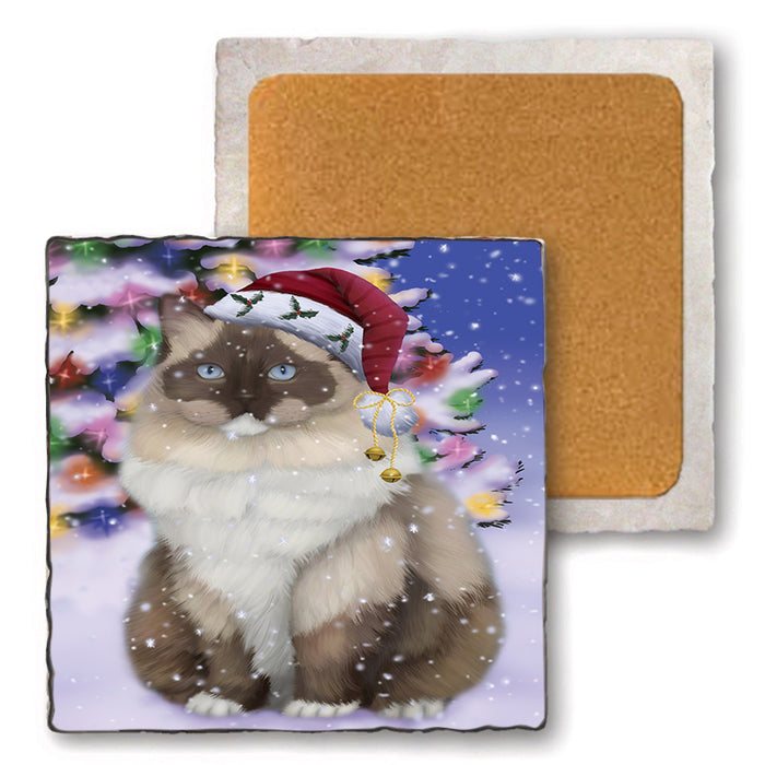 Winterland Wonderland Ragdoll Cat In Christmas Holiday Scenic Background Set of 4 Natural Stone Marble Tile Coasters MCST50715