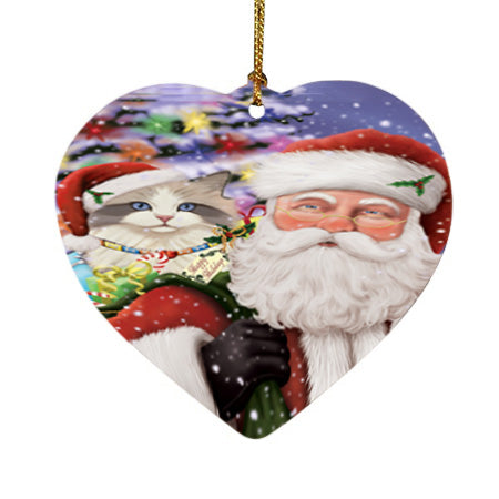 Santa Carrying Ragdoll Cat and Christmas Presents Heart Christmas Ornament HPOR55874