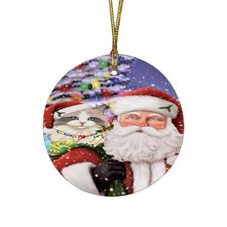 Santa Carrying Ragdoll Cat and Christmas Presents Round Flat Christmas Ornament RFPOR55874