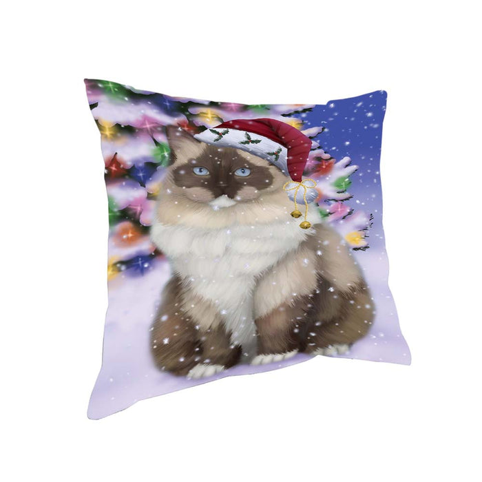 Winterland Wonderland Ragdoll Cat In Christmas Holiday Scenic Background Pillow PIL71788
