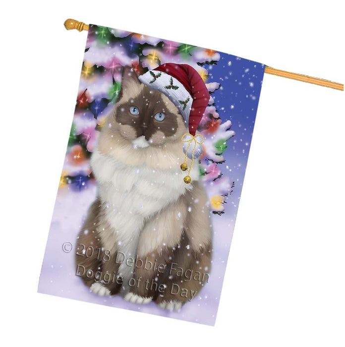 Winterland Wonderland Ragdoll Cat In Christmas Holiday Scenic Background House Flag FLG56144