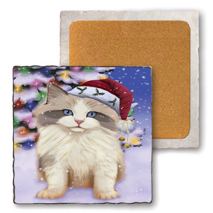 Winterland Wonderland Ragdoll Cat In Christmas Holiday Scenic Background Set of 4 Natural Stone Marble Tile Coasters MCST50716
