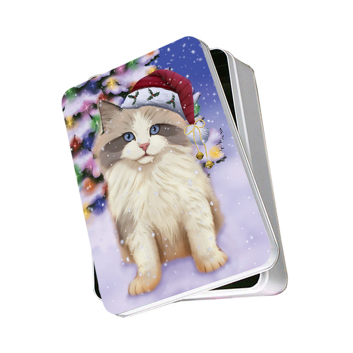 Winterland Wonderland Ragdoll Cat In Christmas Holiday Scenic Background Photo Storage Tin PITN55659
