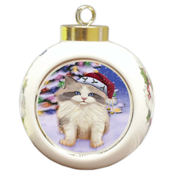 Winterland Wonderland Ragdoll Cat In Christmas Holiday Scenic Background Round Ball Christmas Ornament RBPOR56072