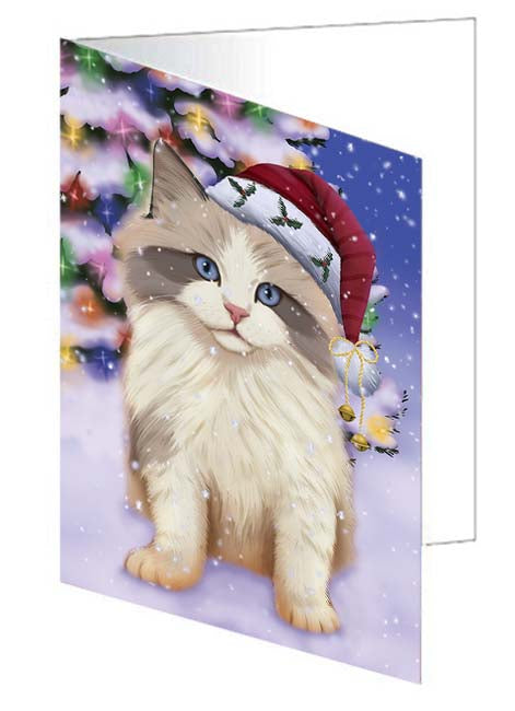 Winterland Wonderland Ragdoll Cat In Christmas Holiday Scenic Background Handmade Artwork Assorted Pets Greeting Cards and Note Cards with Envelopes for All Occasions and Holiday Seasons GCD71663