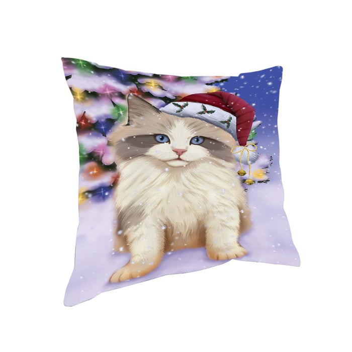 Winterland Wonderland Ragdoll Cat In Christmas Holiday Scenic Background Pillow PIL71792