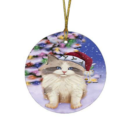 Winterland Wonderland Ragdoll Cat In Christmas Holiday Scenic Background Round Flat Christmas Ornament RFPOR56072