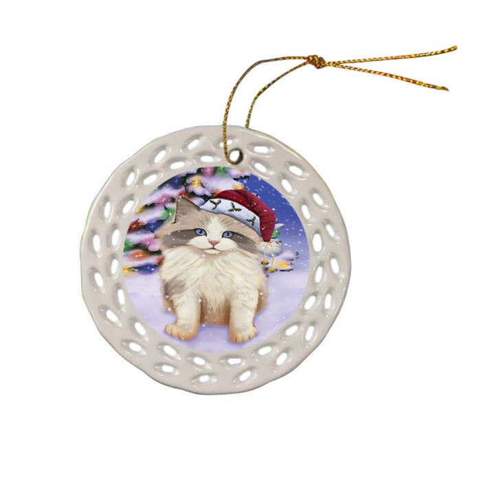 Winterland Wonderland Ragdoll Cat In Christmas Holiday Scenic Background Ceramic Doily Ornament DPOR56072