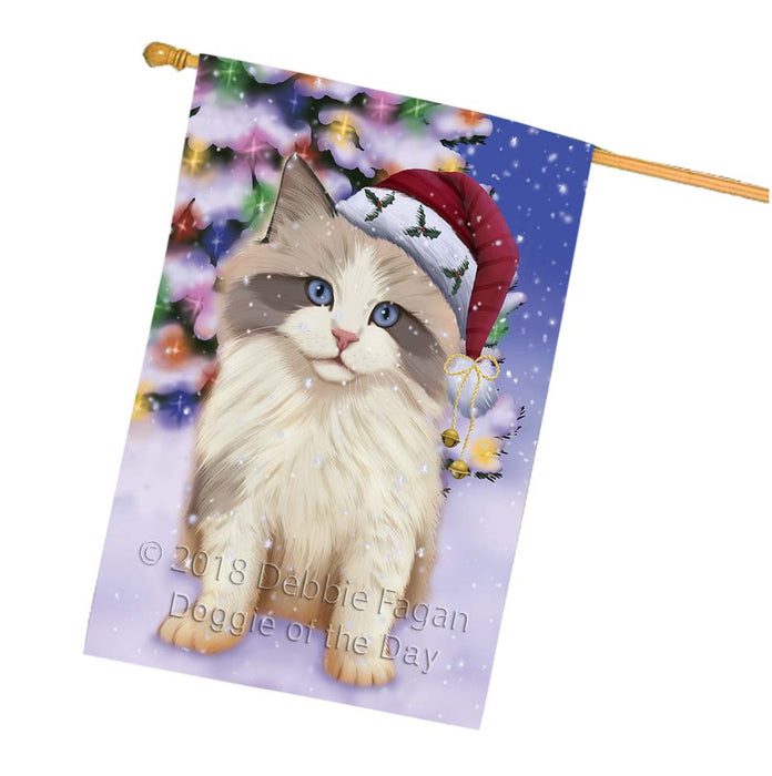 Winterland Wonderland Ragdoll Cat In Christmas Holiday Scenic Background House Flag FLG56145