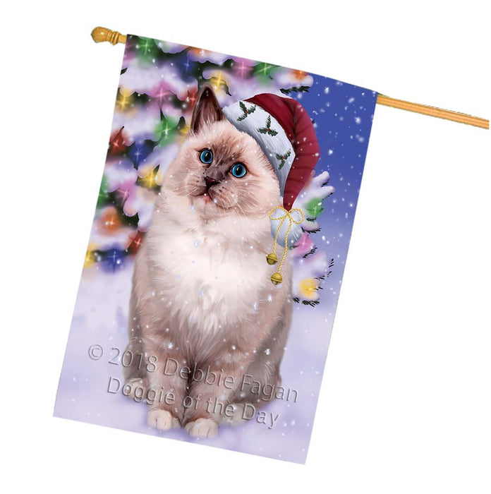 Winterland Wonderland Ragdoll Cat In Christmas Holiday Scenic Background House Flag FLG56146