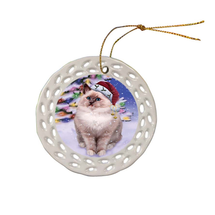 Winterland Wonderland Ragdoll Cat In Christmas Holiday Scenic Background Ceramic Doily Ornament DPOR56073