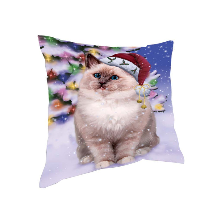 Winterland Wonderland Ragdoll Cat In Christmas Holiday Scenic Background Pillow PIL71796