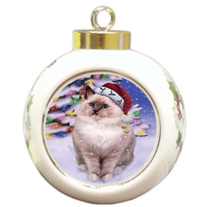 Winterland Wonderland Ragdoll Cat In Christmas Holiday Scenic Background Round Ball Christmas Ornament RBPOR56073