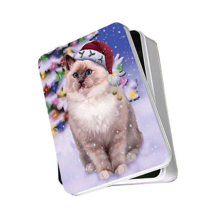 Winterland Wonderland Ragdoll Cat In Christmas Holiday Scenic Background Photo Storage Tin PITN55660
