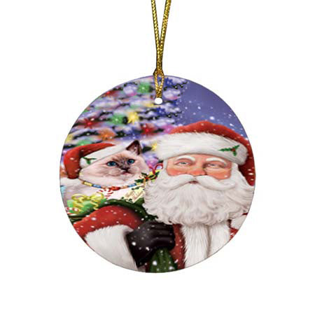Santa Carrying Ragdoll Cat and Christmas Presents Round Flat Christmas Ornament RFPOR55875
