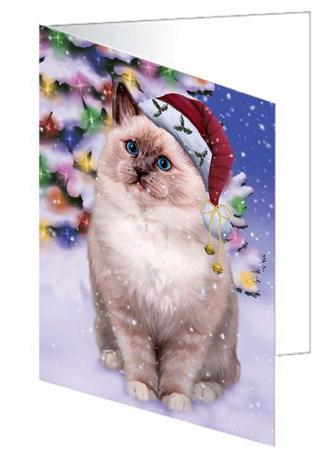 Winterland Wonderland Ragdoll Cat In Christmas Holiday Scenic Background Handmade Artwork Assorted Pets Greeting Cards and Note Cards with Envelopes for All Occasions and Holiday Seasons GCD71666