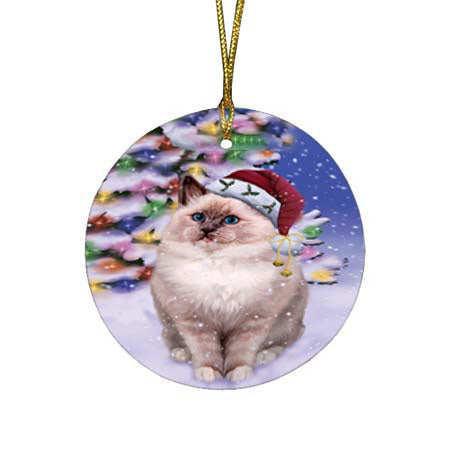 Winterland Wonderland Ragdoll Cat In Christmas Holiday Scenic Background Round Flat Christmas Ornament RFPOR56073