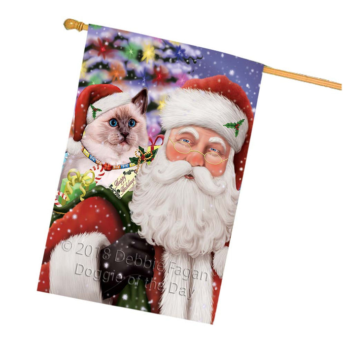 Santa Carrying Ragdoll Cat and Christmas Presents House Flag FLG55948
