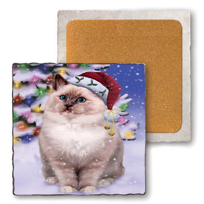 Winterland Wonderland Ragdoll Cat In Christmas Holiday Scenic Background Set of 4 Natural Stone Marble Tile Coasters MCST50717