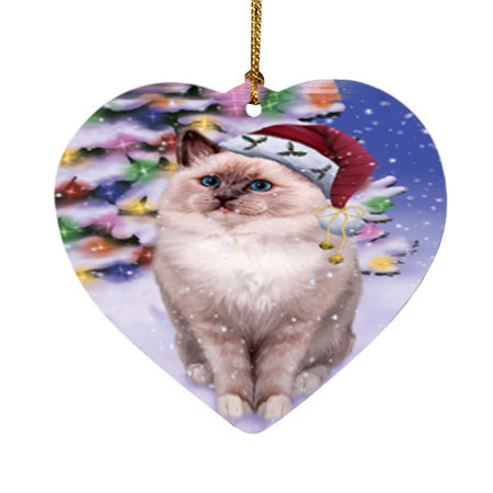 Winterland Wonderland Ragdoll Cat In Christmas Holiday Scenic Background Heart Christmas Ornament HPOR56073