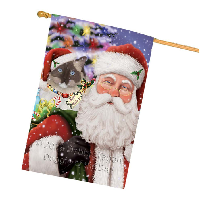 Santa Carrying Ragdoll Cat and Christmas Presents House Flag FLG55949