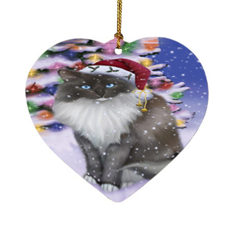 Winterland Wonderland Ragdoll Cat In Christmas Holiday Scenic Background Heart Christmas Ornament HPOR56074