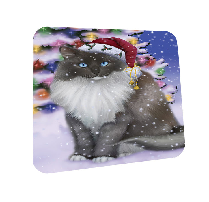 Winterland Wonderland Ragdoll Cat In Christmas Holiday Scenic Background Coasters Set of 4 CST55676