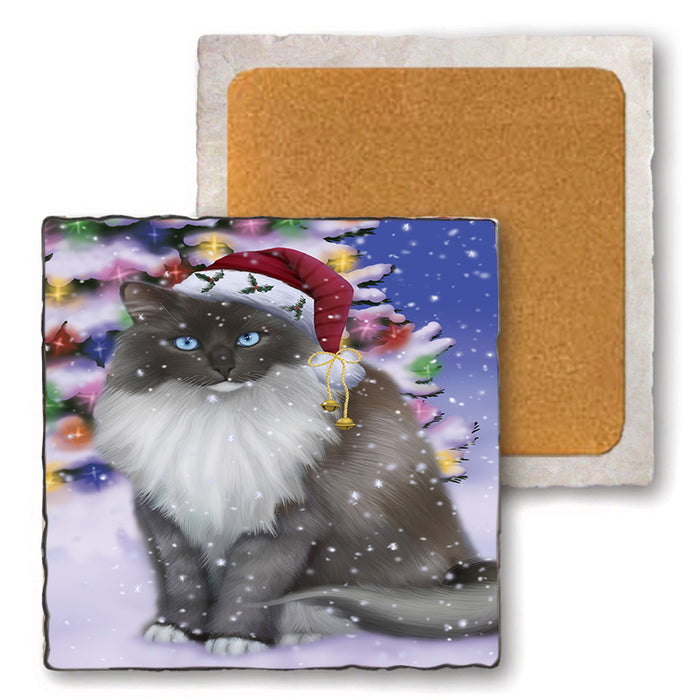 Winterland Wonderland Ragdoll Cat In Christmas Holiday Scenic Background Set of 4 Natural Stone Marble Tile Coasters MCST50718