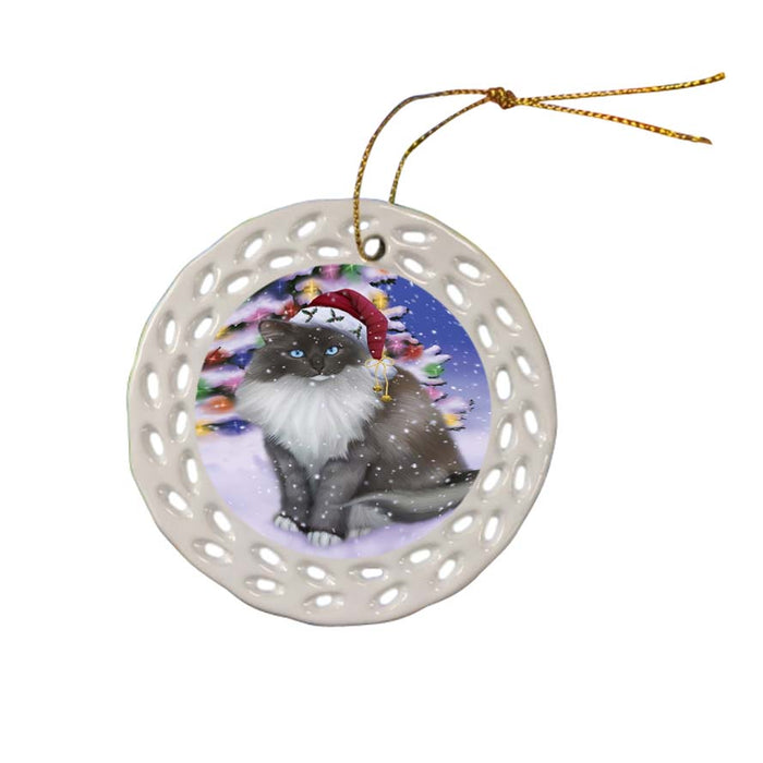 Winterland Wonderland Ragdoll Cat In Christmas Holiday Scenic Background Ceramic Doily Ornament DPOR56074