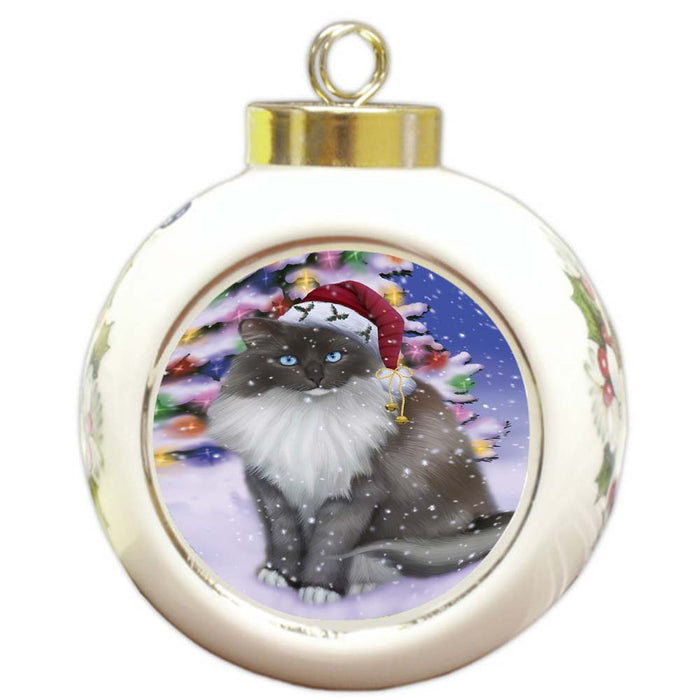 Winterland Wonderland Ragdoll Cat In Christmas Holiday Scenic Background Round Ball Christmas Ornament RBPOR56074