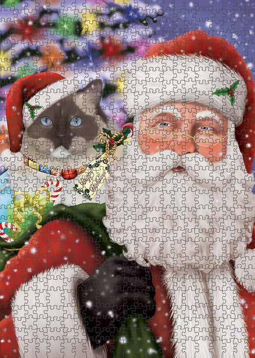 Santa Carrying Ragdoll Cat and Christmas Presents Puzzle with Photo Tin PUZL90284