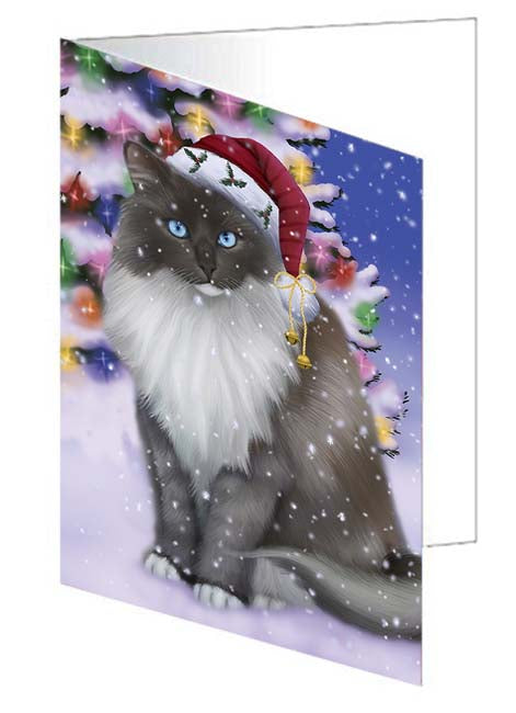 Winterland Wonderland Ragdoll Cat In Christmas Holiday Scenic Background Handmade Artwork Assorted Pets Greeting Cards and Note Cards with Envelopes for All Occasions and Holiday Seasons GCD71669