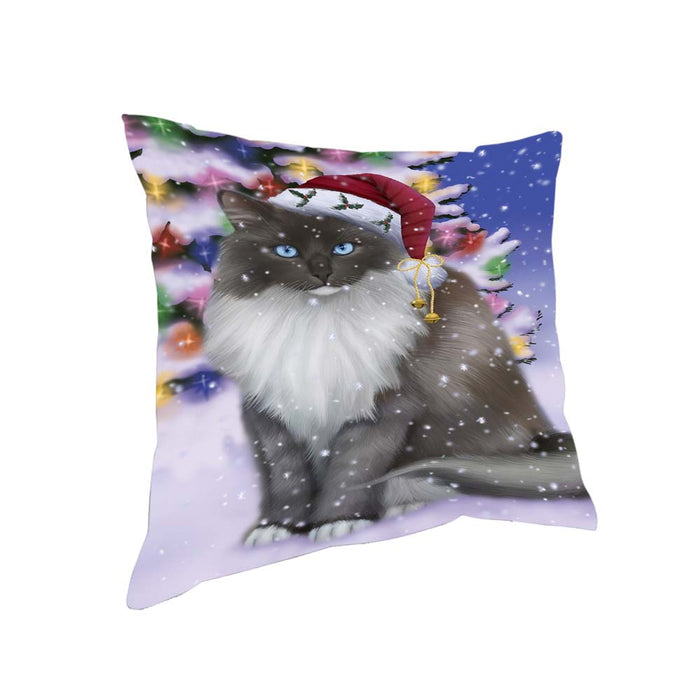 Winterland Wonderland Ragdoll Cat In Christmas Holiday Scenic Background Pillow PIL71800